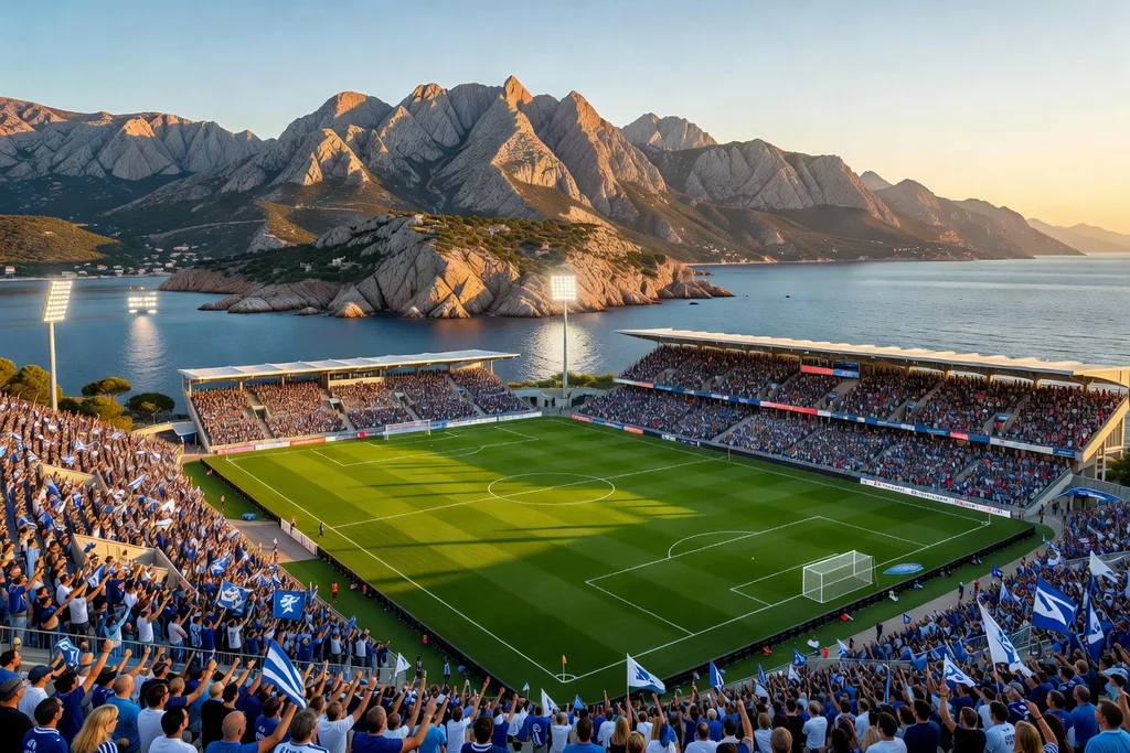 Une enceinte aux tribunes pleines sous les projecteurs, un soir de match