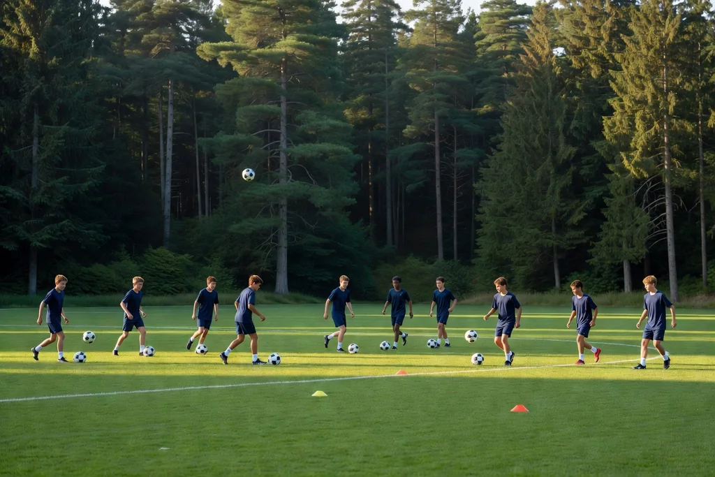 De jeunes joueurs à l'entraînement sur un terrain bordé d'arbres