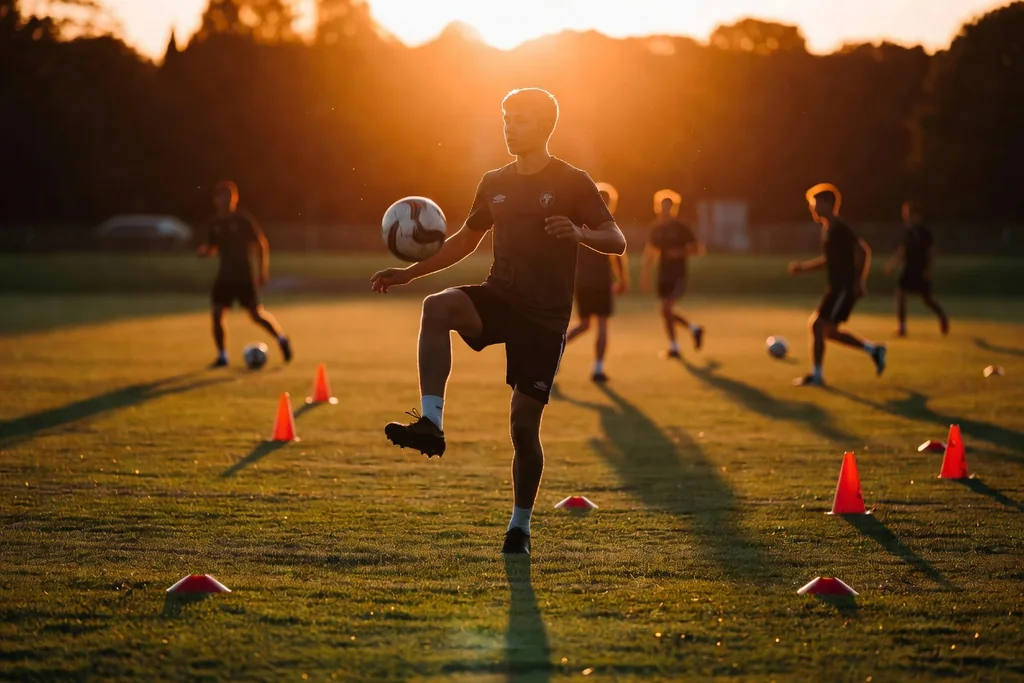 De jeunes joueurs à l'entraînement sur un terrain bordé d'arbres