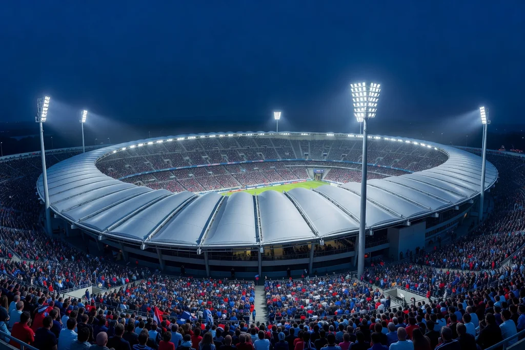 Une enceinte aux tribunes pleines sous les projecteurs, un soir de match